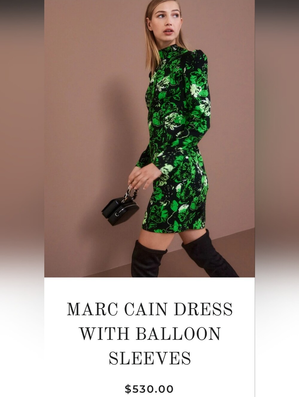 Marc Cain Black & Green Floral Balloon-Sleeve Mini Dress Sz Small